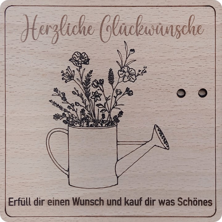 Herz im Holz - Geldkarte HERZLICHE GLÜCKWÜNSCHE - BLUMEN GIESSKANNE