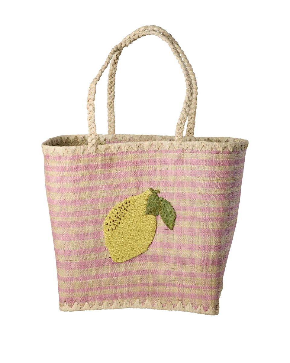 Rice Raffia Tasche Groß - Pink - Zitrone 