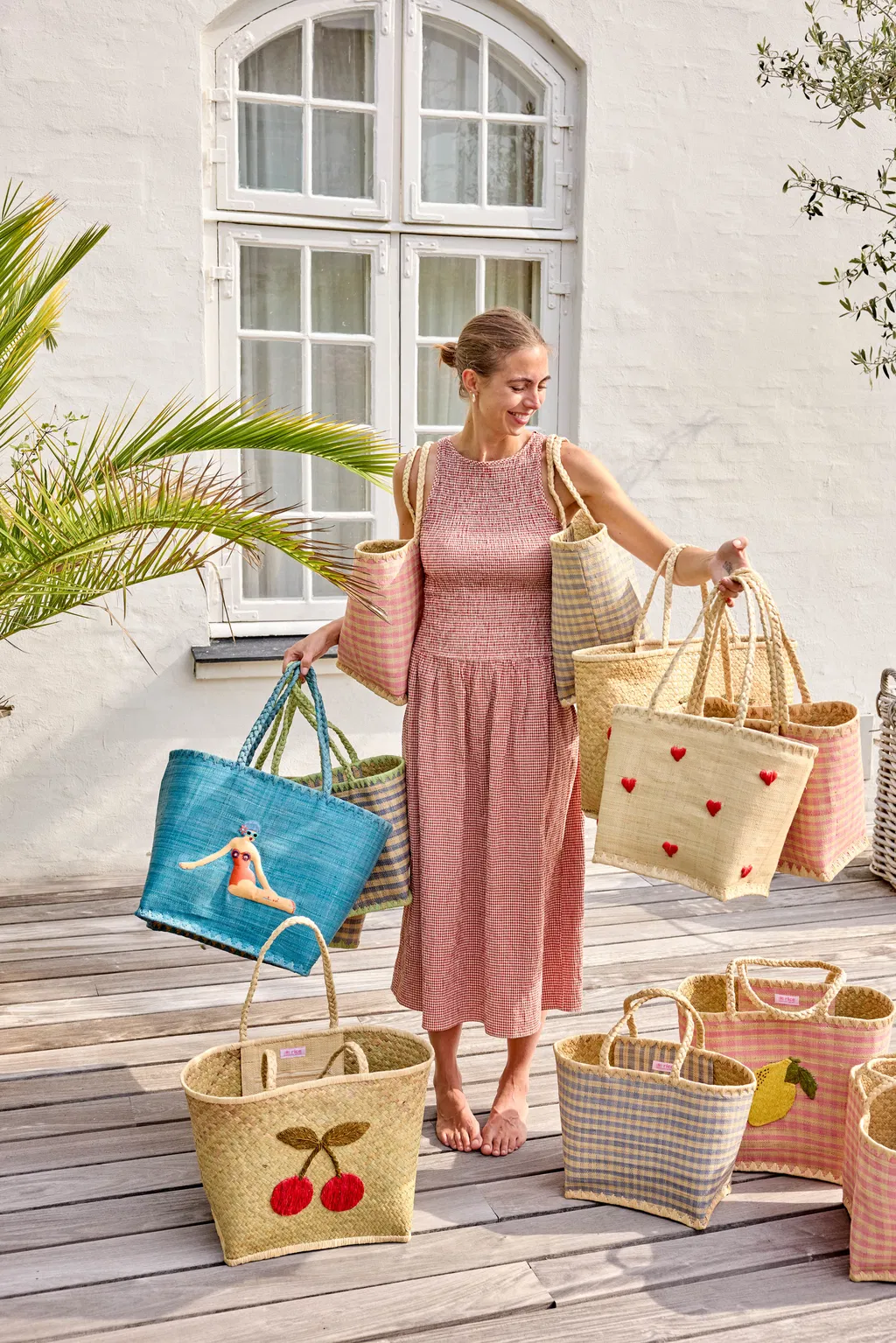 Rice Raffia Tasche Groß - Pink - Zitrone 