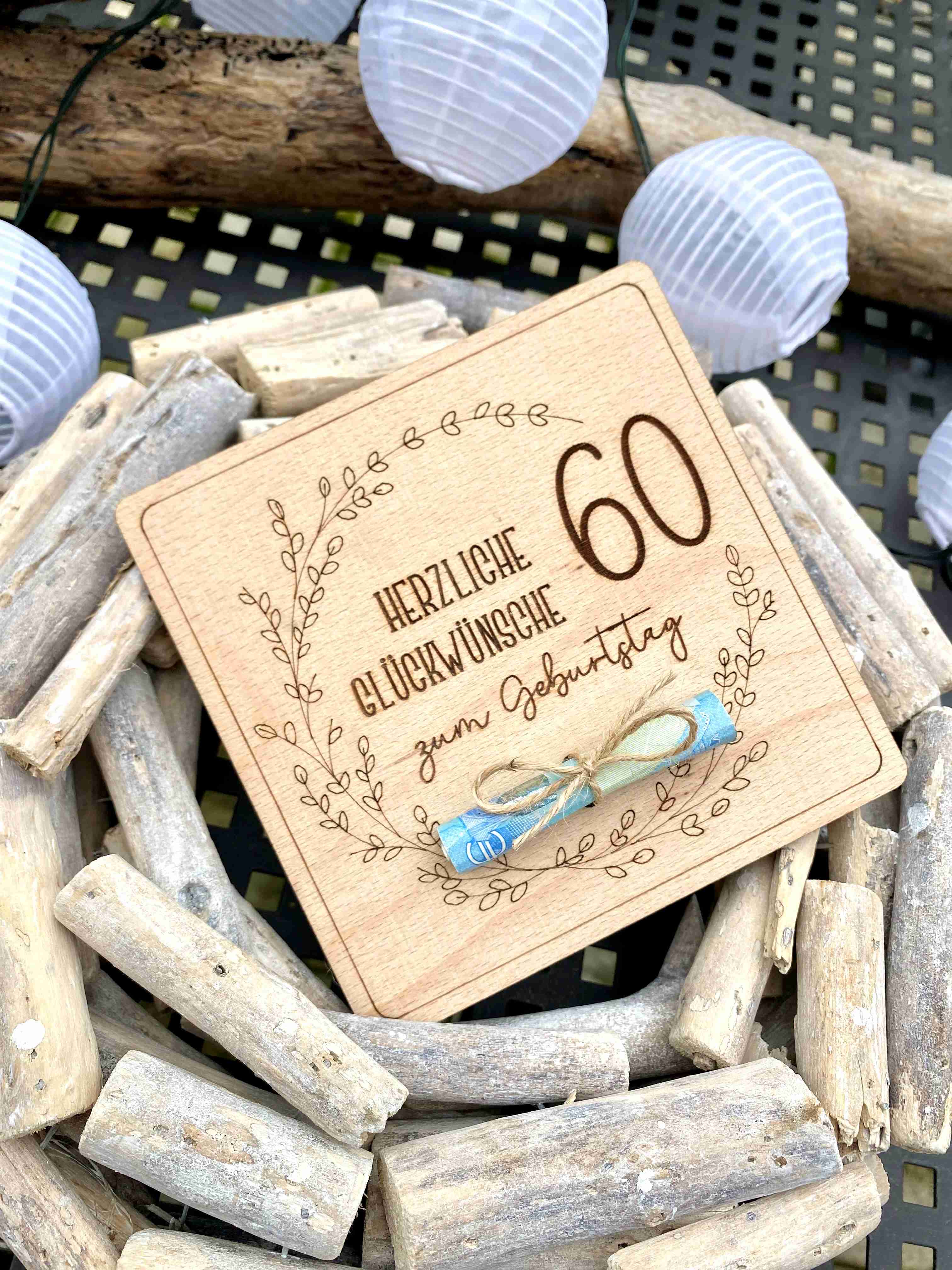 Herz im Holz - Geldkarte - 60. GEBURTSTAG - HERZLICHE GLÜCKWÜNSCHE   
