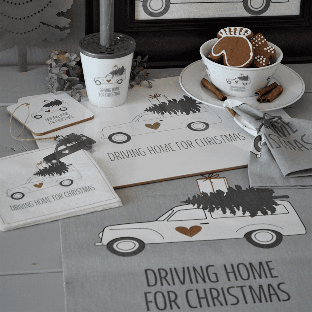 Krasilnikoff Tischläufer DRIVING HOME FOR CHRISTMAS Grau