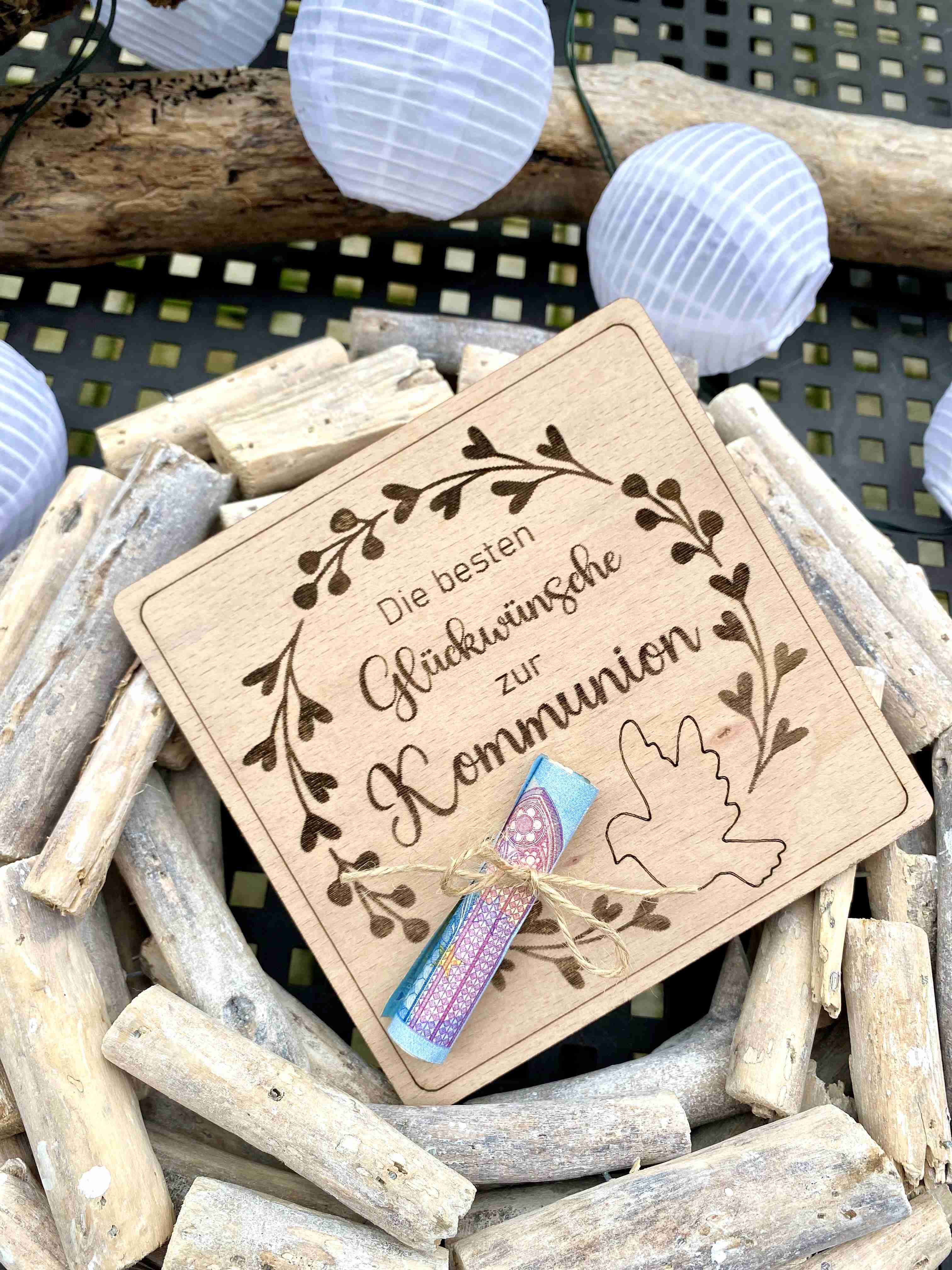 Herz im Holz - Geldkarte - Kommunion - Taube 