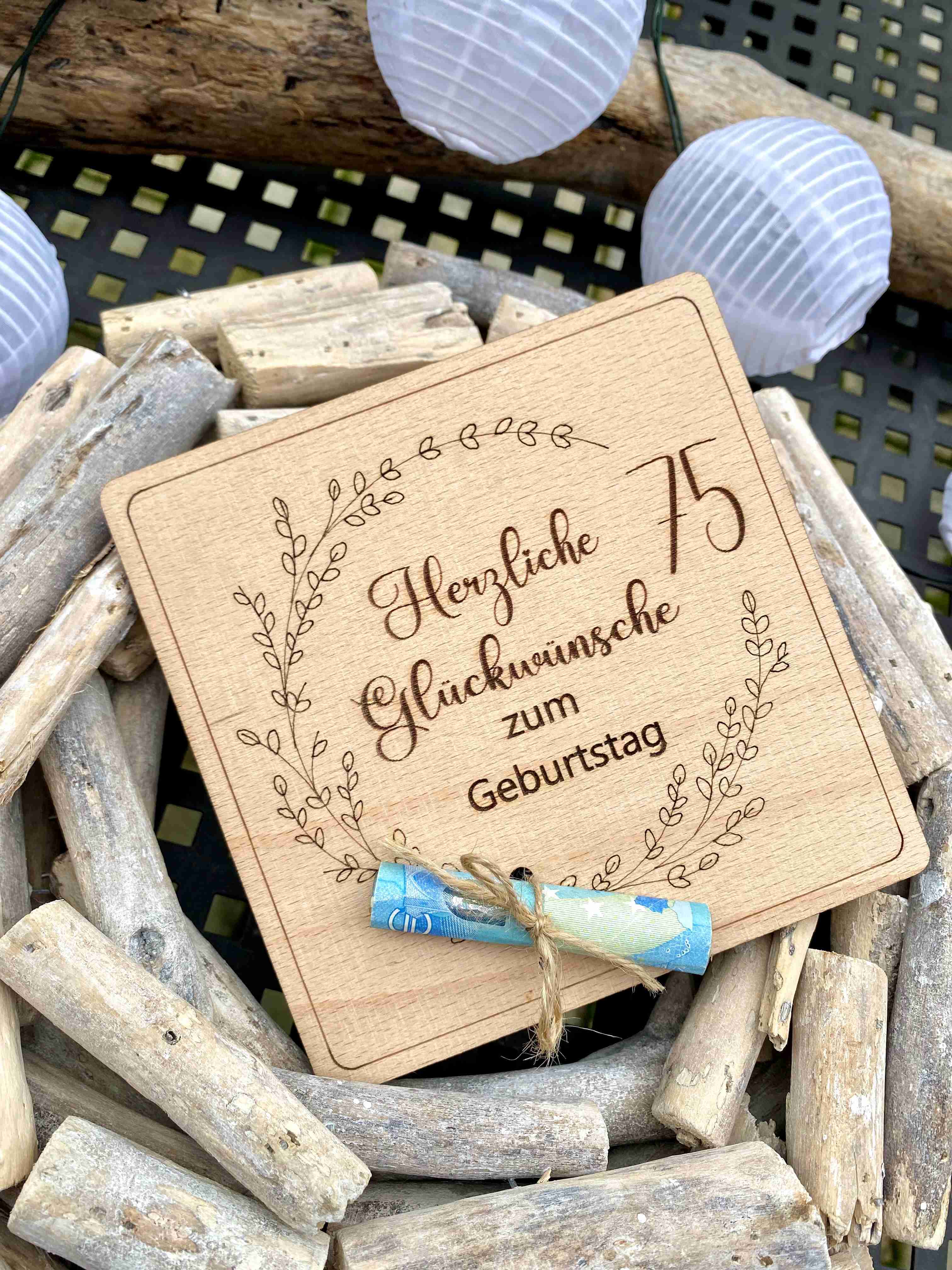Herz im Holz - Geldkarte - 75. GEBURTSTAG - HERZLICHE GLÜCKWÜNSCHE  